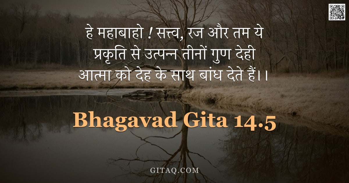 भगवद्गीता 14.5 — "हे महाबाहो ! सत्त्व, रज और तम ये प्रकृति से उत्पन्न तीनों गुण देही आत्मा को देह के साथ बांध देते हैं"