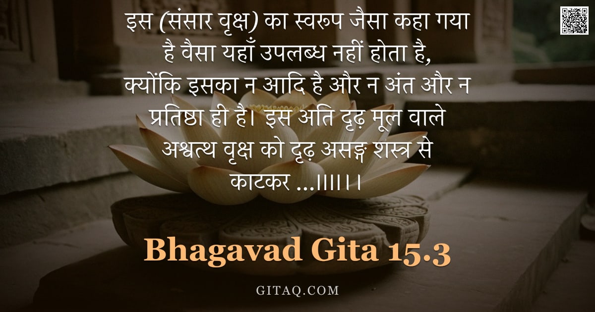 भगवद्गीता 15.3 — "इस (संसार वृक्ष) का स्वरूप जैसा कहा गया है वैसा यहाँ उपलब्ध नहीं होता है, क्योंकि इसका न आदि है और न"