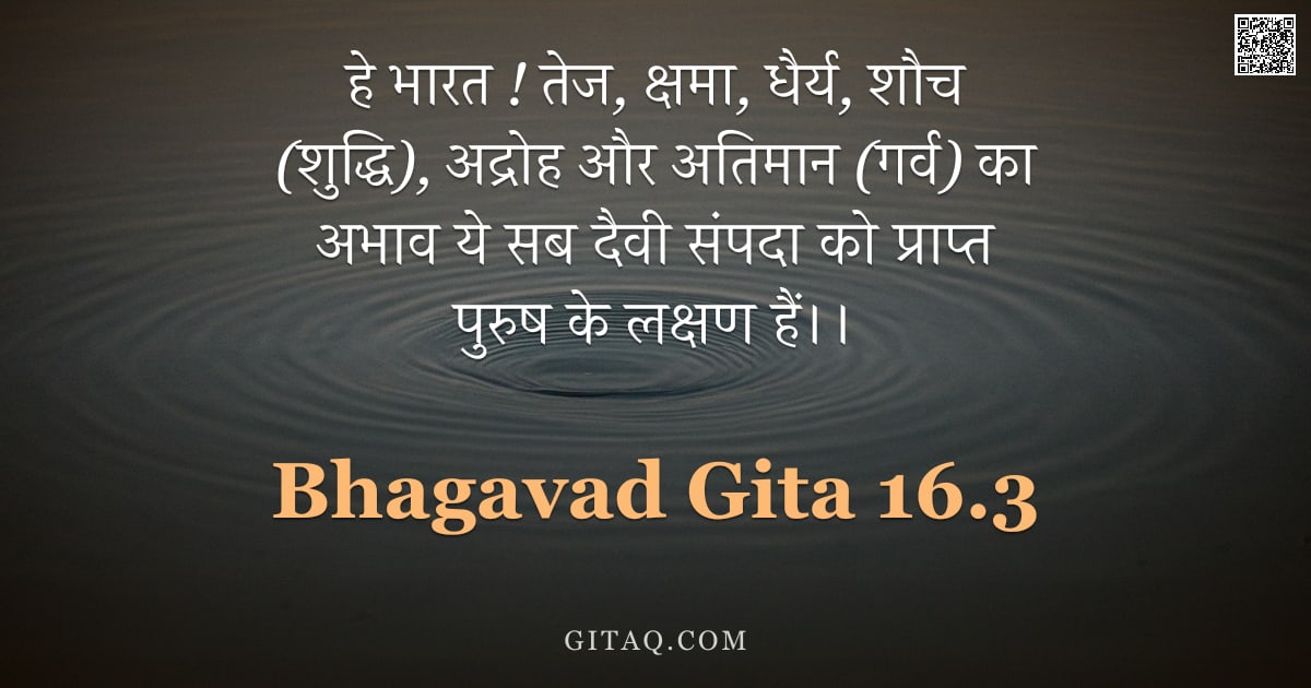 भगवद्गीता 16.3 — "हे भारत ! तेज, क्षमा, धैर्य, शौच (शुद्धि), अद्रोह और अतिमान (गर्व) का अभाव ये सब दैवी संपदा को प्राप"