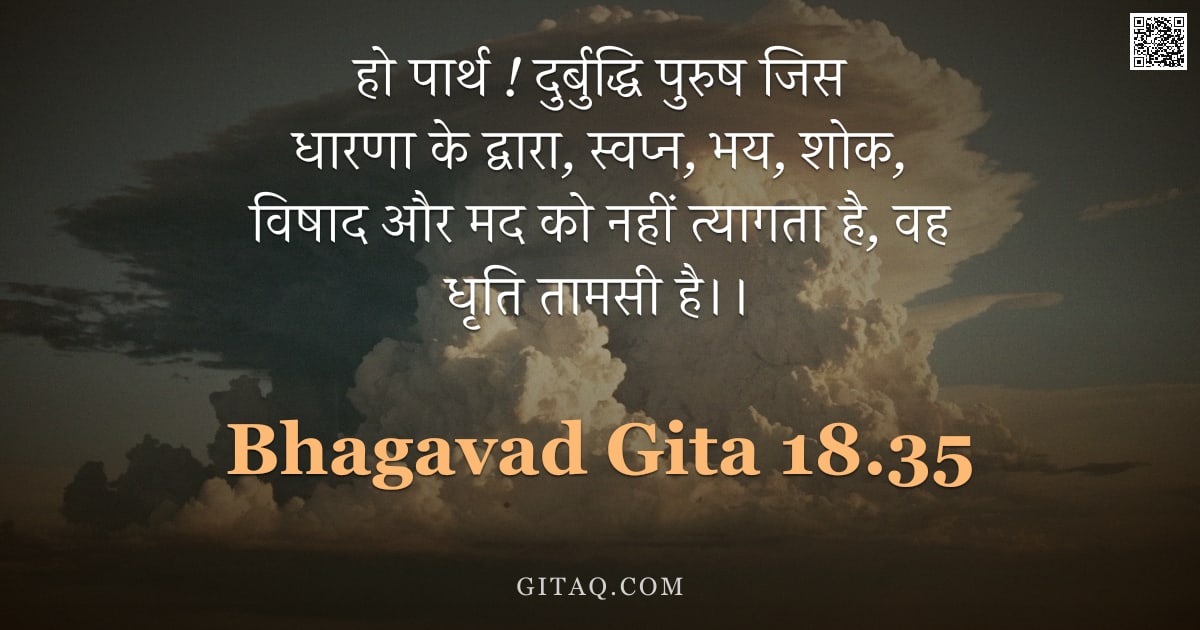 भगवद्गीता 18.35 — "हो पार्थ ! दुर्बुद्धि पुरुष जिस धारणा के द्वारा, स्वप्न, भय, शोक, विषाद और मद को नहीं त्यागता है, वह"