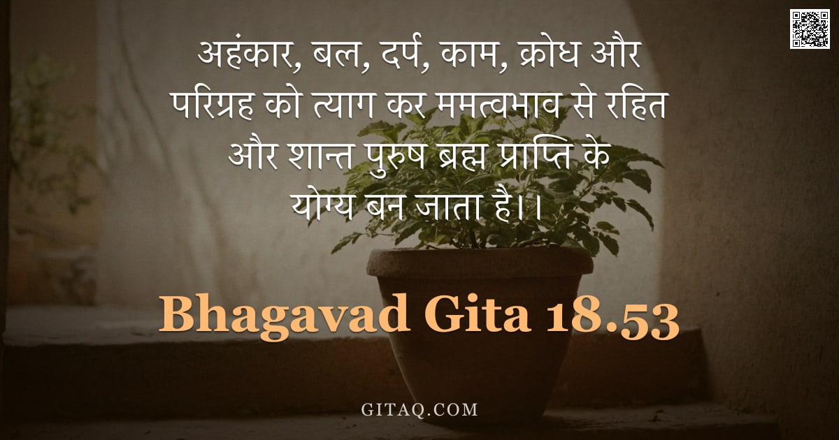 भगवद्गीता 18.53 — "अहंकार, बल, दर्प, काम, क्रोध और परिग्रह को त्याग कर ममत्वभाव से रहित और शान्त पुरुष ब्रह्म प्राप्ति "