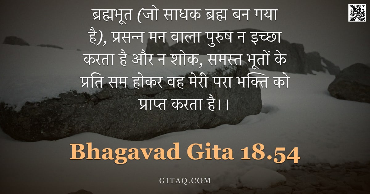 भगवद्गीता 18.54 — "ब्रह्मभूत (जो साधक ब्रह्म बन गया है), प्रसन्न मन वाला पुरुष न इच्छा करता है और न शोक, समस्त भूतों के"
