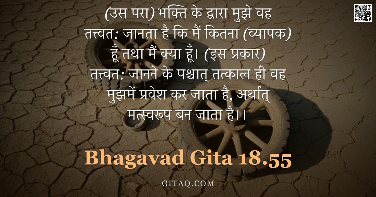 भगवद्गीता 18.55 — "(उस परा) भक्ति के द्वारा मुझे वह तत्त्वत: जानता है कि मैं कितना (व्यापक) हूँ तथा मैं क्या हूँ। (इस प"