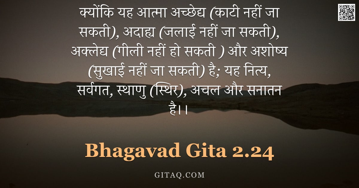 भगवद्गीता 2.24 — "क्योंकि यह आत्मा अच्छेद्य (काटी नहीं जा सकती),  अदाह्य (जलाई नहीं जा सकती),  अक्लेद्य (गीली नहीं हो "