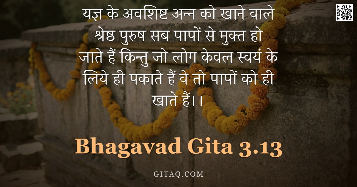 भगवद्गीता 3.13 — "यज्ञ के अवशिष्ट अन्न को खाने वाले श्रेष्ठ पुरुष सब पापों से मुक्त हो जाते हैं किन्तु जो लोग केवल स्व"