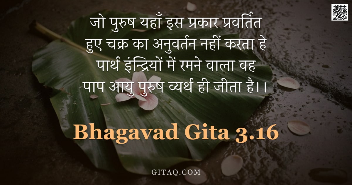 भगवद्गीता 3.16 — "जो पुरुष यहाँ इस प्रकार प्रवर्तित हुए चक्र का अनुवर्तन नहीं करता हे पार्थ इंन्द्रियों में रमने वाला "