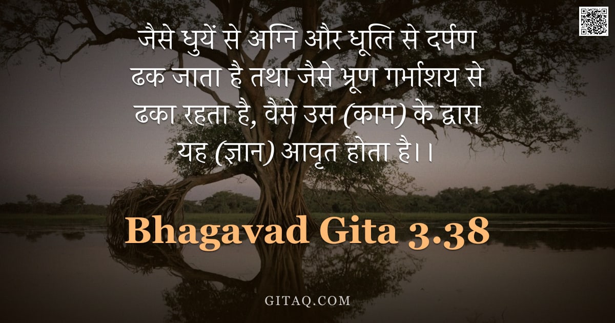 भगवद्गीता 3.38 — "जैसे धुयें से अग्नि और धूलि से दर्पण ढक जाता है तथा जैसे भ्रूण गर्भाशय से ढका रहता है, वैसे उस (काम)"