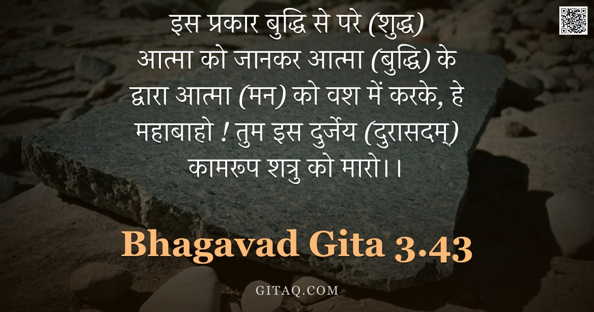 भगवद्गीता 3.43 — "इस प्रकार बुद्धि से परे (शुद्ध) आत्मा को जानकर आत्मा (बुद्धि) के द्वारा आत्मा (मन) को वश में करके, ह"