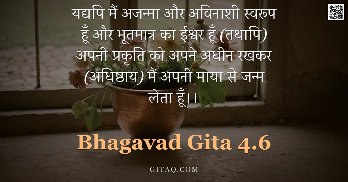 भगवद्गीता 4.6 — "यद्यपि मैं अजन्मा और अविनाशी स्वरूप हूँ और भूतमात्र का ईश्वर हूँ (तथापि) अपनी प्रकृति को अपने अधीन र"