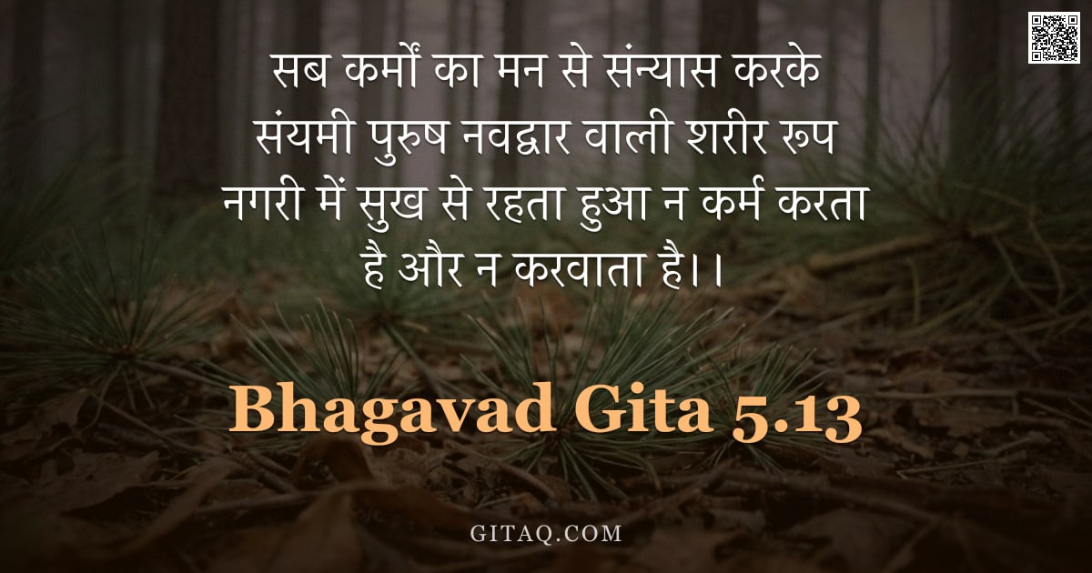 भगवद्गीता 5.13 — "सब कर्मों का मन से संन्यास करके संयमी पुरुष नवद्वार वाली शरीर रूप नगरी में सुख से रहता हुआ न कर्म कर"
