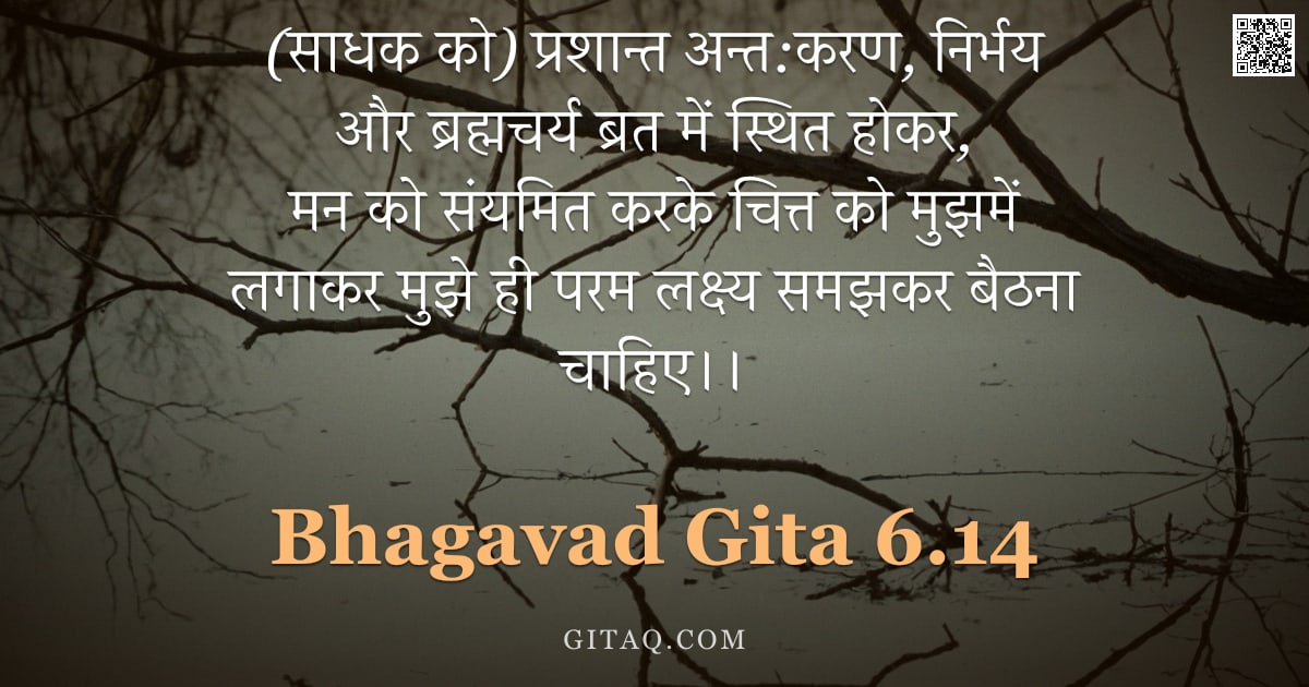 भगवद्गीता 6.14 — "(साधक को) प्रशान्त अन्त:करण, निर्भय और ब्रह्मचर्य ब्रत में स्थित होकर, मन को संयमित करके चित्त को मु"
