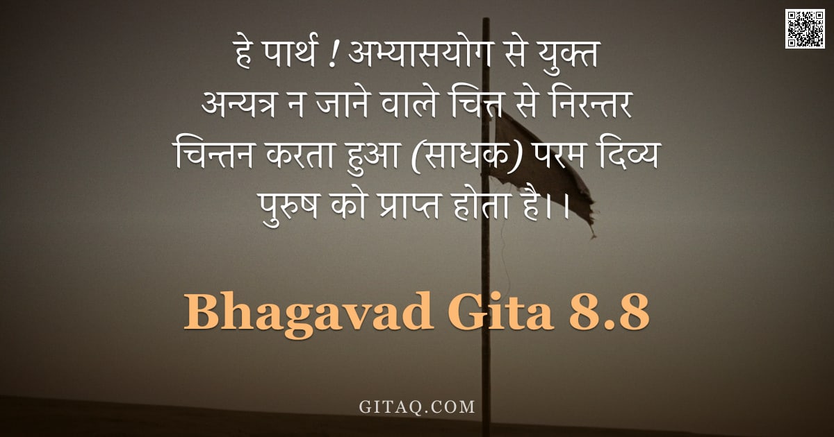 भगवद्गीता 8.8 — "हे पार्थ ! अभ्यासयोग से युक्त अन्यत्र न जाने वाले चित्त से निरन्तर चिन्तन करता हुआ (साधक) परम दिव्य "