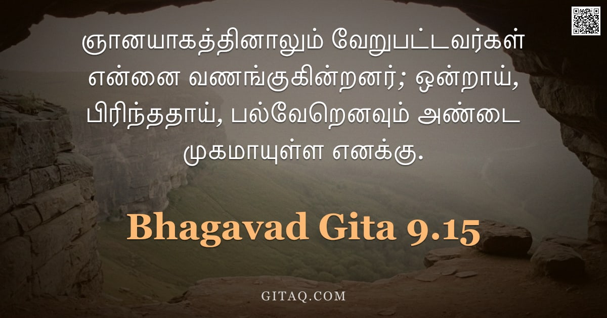 பகவத் கீதை 9.15 — "ஞானயாகத்தினாலும் வேறுபட்டவர்கள் என்னை வணங்குகின்றனர்; ஒன்றாய், பிரிந்ததாய், பல்வேறெனவும் அண்டை முகமா"